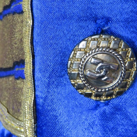 Vintage 70s Mod Coat Jacket L Blue Gold Mid Length Buttons Shoulder Pads Boho - Picture 6 of 15